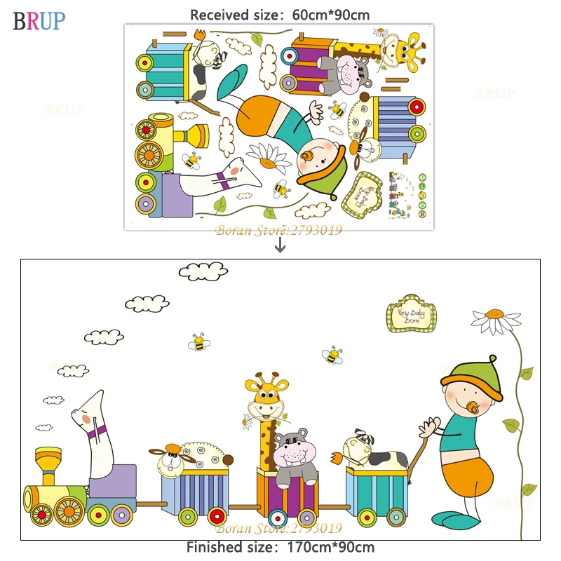 170*90cm Cartoon Animals Train Home Decor for Kids Room Lovley Baby Wall Stickers PVC DIY Vinyl Decals Art Wallpaper | Дом и сад
