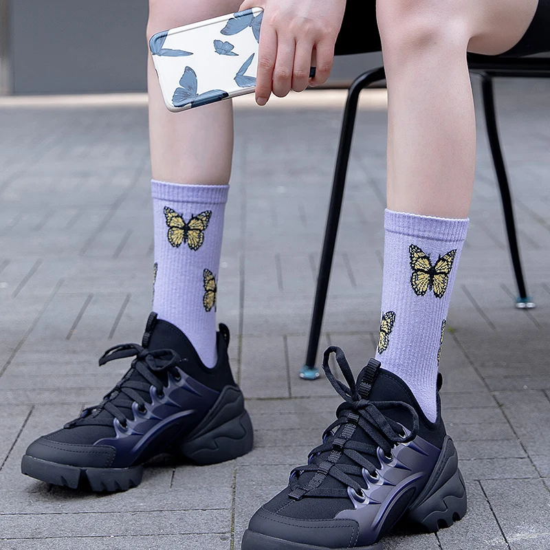 3 Pairs/Box Kawaii Cartoon Butterfly Stockings Cotton Harajuku White Print Bow Fashion Pack Gift Streetwear Men Women Long Socks
