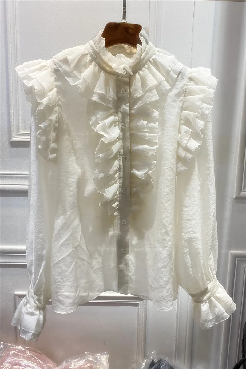 

Europe ruffles shirt 2020 new princess palace high quality agaric collar design silk cotton long-sleeved shirt