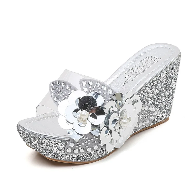 

SWYIVY Slippers Women Summer Shoes Wedges Platform Flat Slippers Sequins Transparent Fish-Mouth Slides Women Outside Beach Shoes