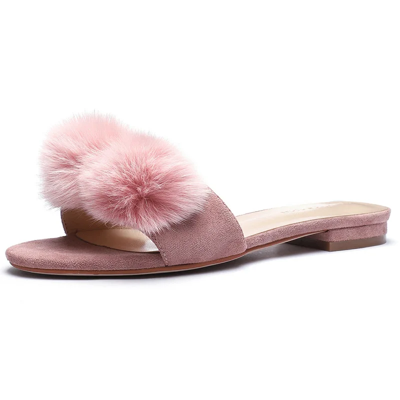 

Female Shoes Slippers Flat Fur Flip Flops Flock Slides Low 2021 Plush Summer Basic PU Hoof Heels Rubber Fabric Shoes Low Ladies'