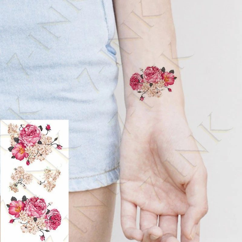 2021 переводятся с помощью воды татуировки розовый цветок пиона боди арт красная