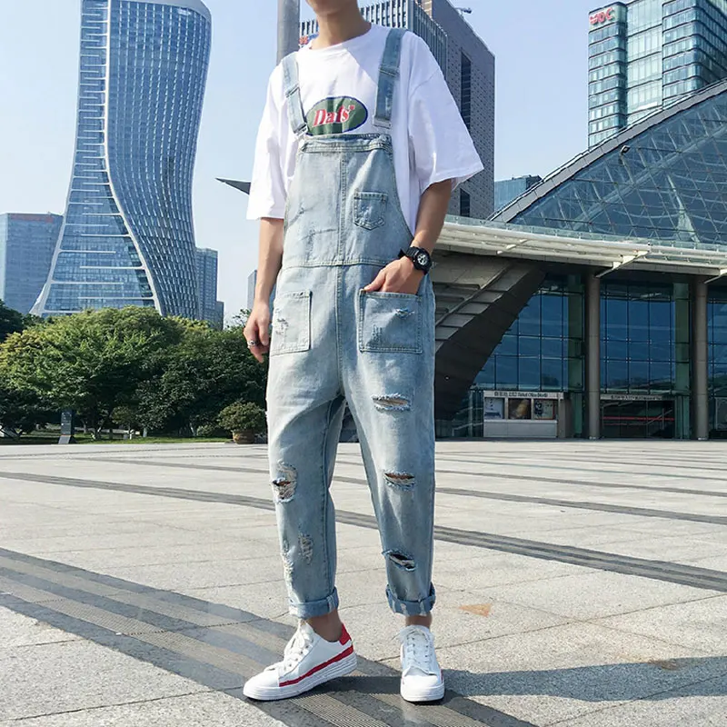 2020 Ripped Man Jeans Bib Overalls Ankle Length Hip Hop Hole Denim Jumpsuits Trousers Youth Leisure Freight Blue Cargo Pants