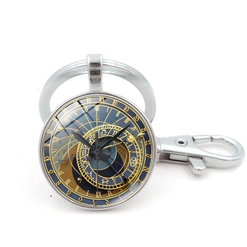 

1pc Prague Clock Pendant Keychain Keyrings Glass Ball Cabochon Steampunk Time Gem&stone Keychain for Car Assessories