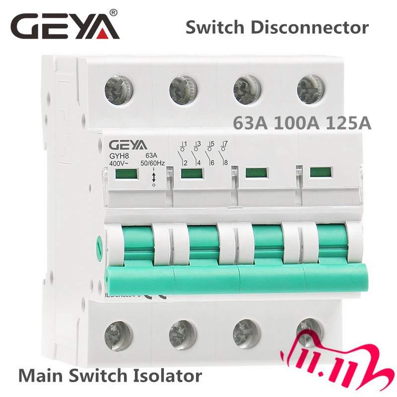 GEYA GYH8 Din Rail 4 полюса выключатель 400V главный 63A 100A 125A изолятор