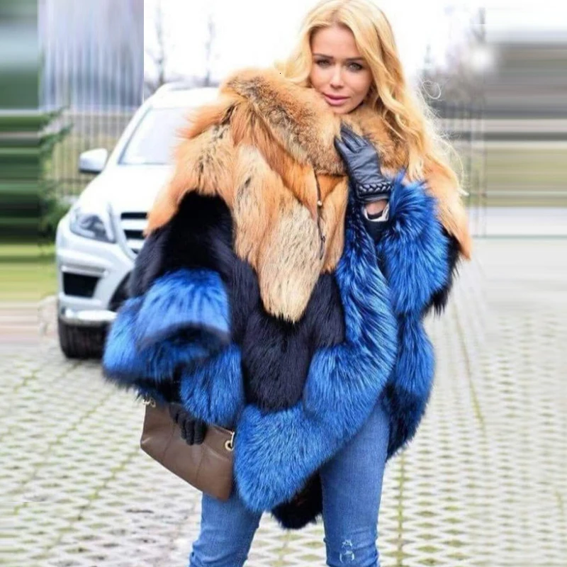 2022 New Real Fox Fur Coats Women Natural Whole Skin Genuine Fox Fur Capes And Ponchos One Size Woman Outwear With Fur Collar
