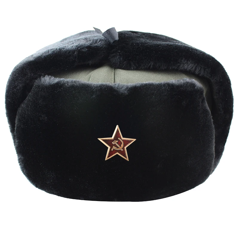 Black Star Советская армия, военный значок, Россия, ушанка, шапки-бомберы, летчик, охотник, шапка, зимняя, искусственный мех кролика, ушанка, мужские снежные шапки - Цвет: Black Star