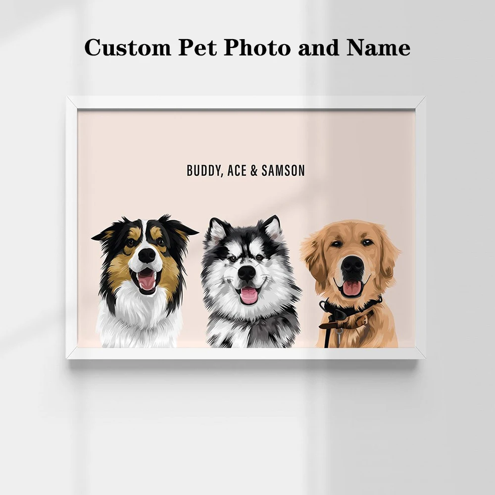 

Custom 3 Pets Photo and Name Animals Dog Poster Wall Art Canvas Painting Wall Pictures For Living Room Decor Posters Unframed