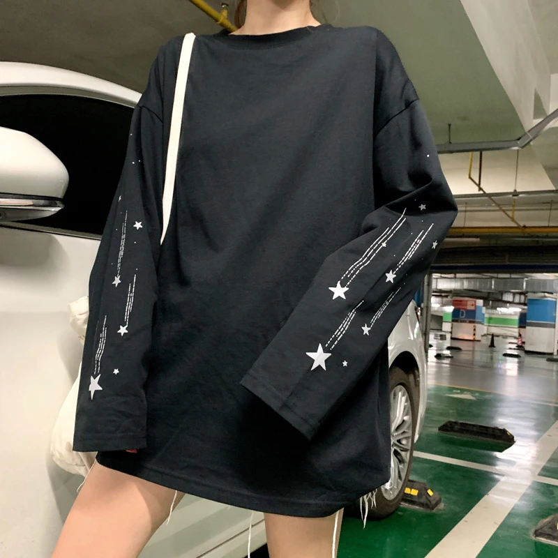 Harajuku светоотражающий принт с длинным рукавом корейская мода Женская одежда roupas Свободные повседневные футболки весна новые женские топы ulzzang