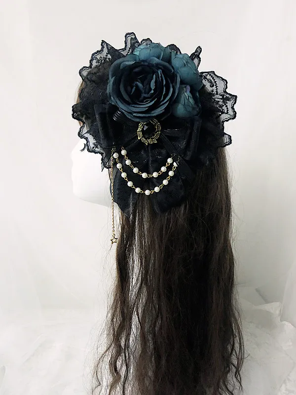 

Lolita Flower Lace Hair Ribbon Headwear Women Black Lace Multi-layers Mesh Pear Chain Headdress Costume Punk Hair Accessories