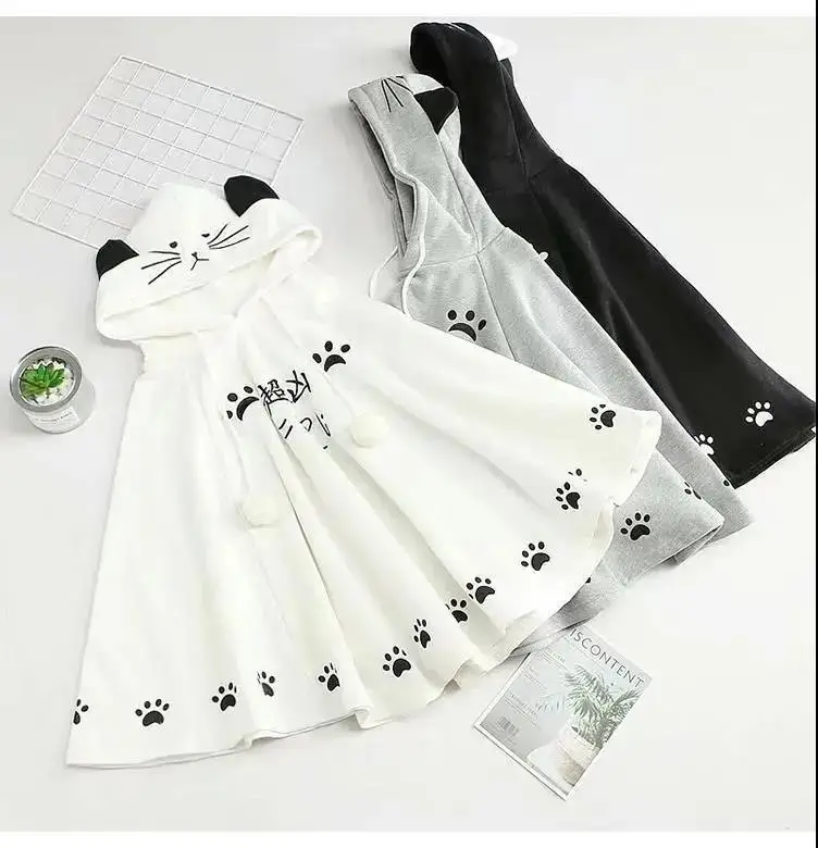 

GAMPORL Women Cartoon Anime Hoodies Kawaii Cat Girl Clothing Cute Print Cloak Black White Gray Cosplay Bat Sleeve Top Coat