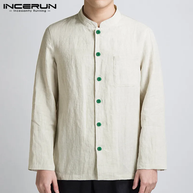 

INCERUN Chinese Style Men Shirt Solid Color Button Stand Collar Cotton Long Sleeve Casual Shirts 2021 Vintage Camisas Hombre
