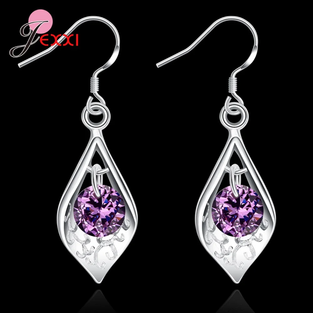 

925 Sterling Silver Purple CZ Zircon Drop Earrings for Women Fashion Wedding French Hook Jewelry Brincos Pendientes