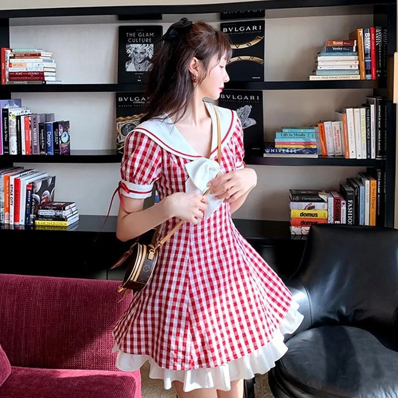 

WEEK Plaid Sundress Red White Plaid Patchwork Dress Women Japan Preppy Style Kawaii Navy Sailor Collar Dress for Holiday Chic