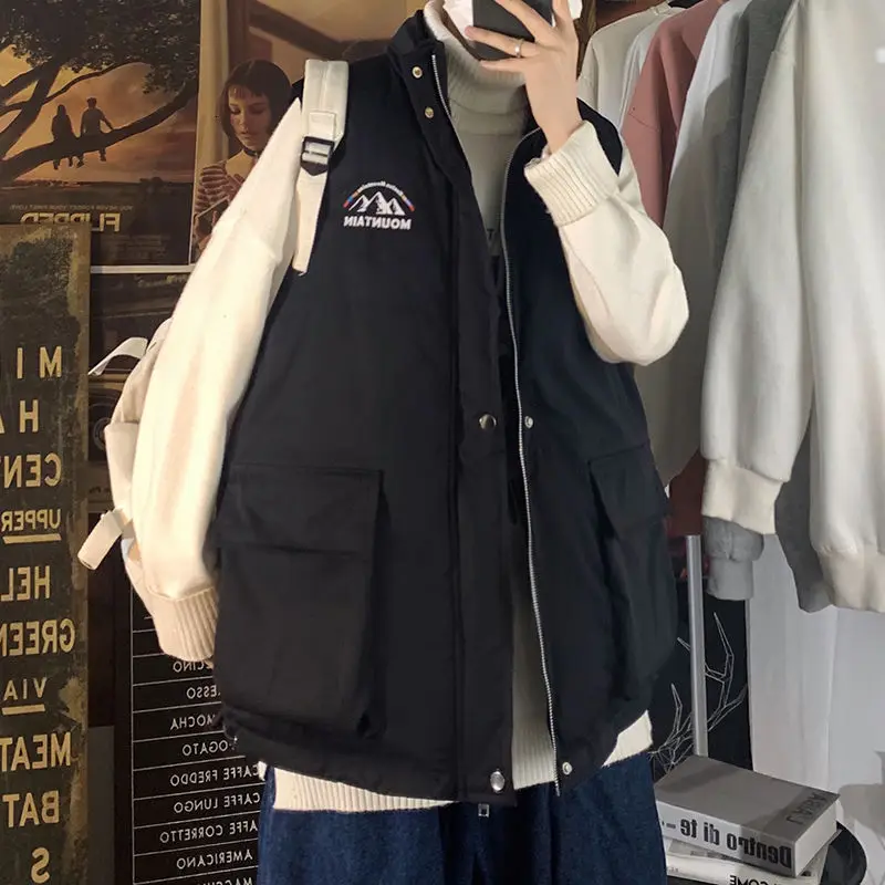 

Жилет мужской свободного покроя с надписью, куртка без рукавов, воротник-стойка с большими карманами, средней длины, Осень-зима