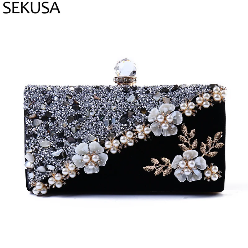 

Flower Shell Wedding Day Clutch With Pearl Diamonds Luxury Black Color Evening Bags Acrylic Stone Leaf Purse