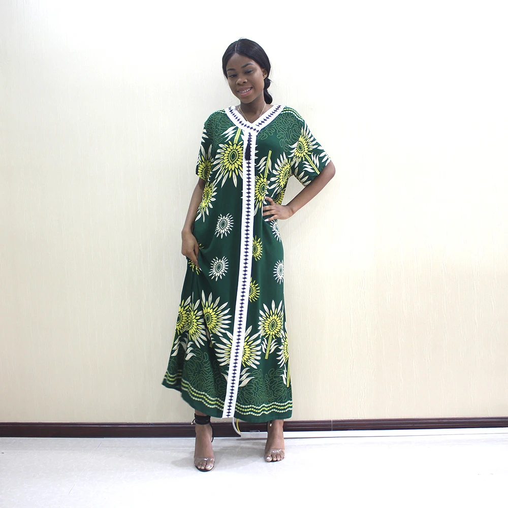 Зеленый Dashikiage Новое поступление модные африканские Дашики цветочный принт черный Чистый хлопок Аппликации Элегантные африканские женские платья - Цвет: Зеленый