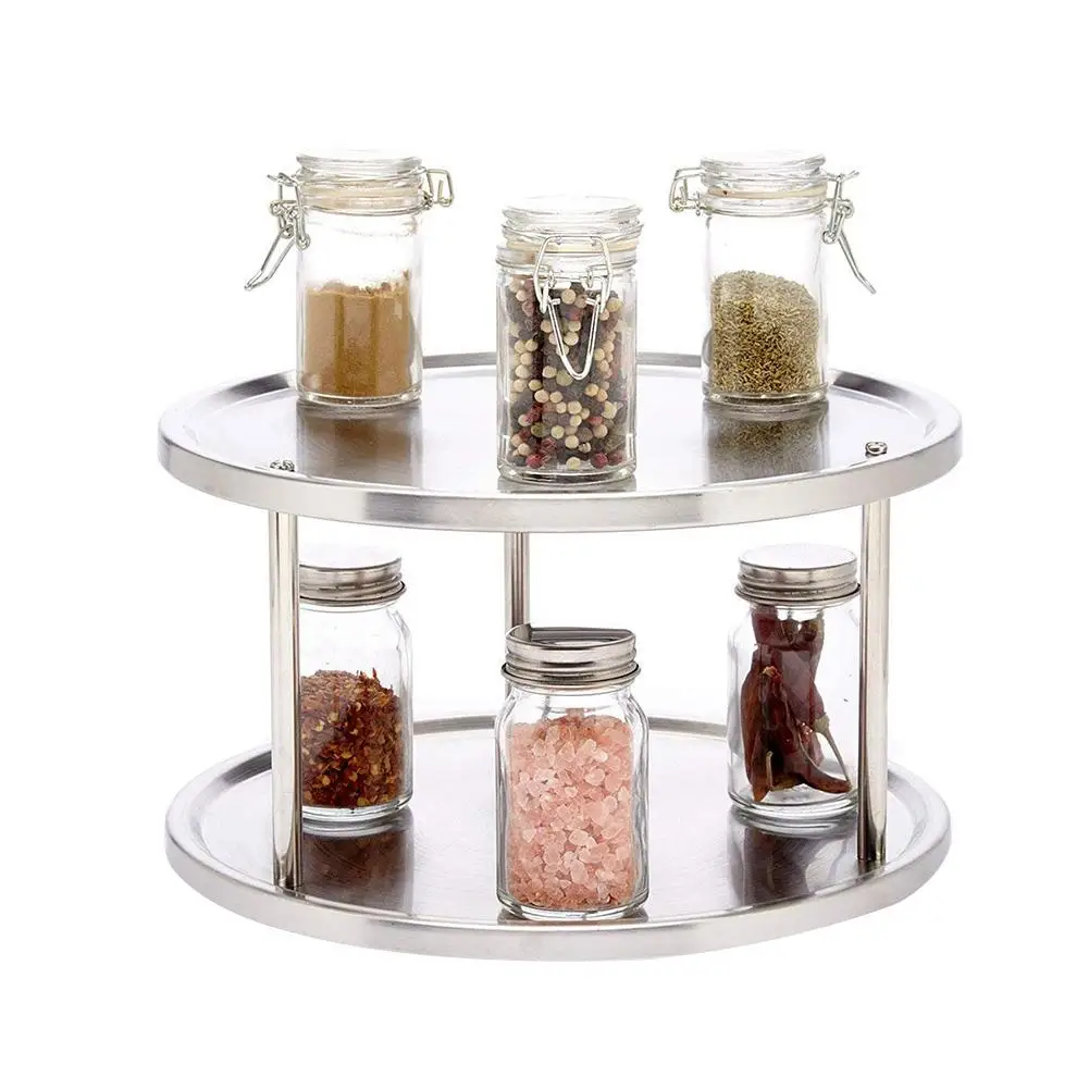 

360 Degree Rotating Non-Skid Spice Rack Cabinet Turntable Kitchen Storage Spice Rack Stainless Steel Organizer Tray