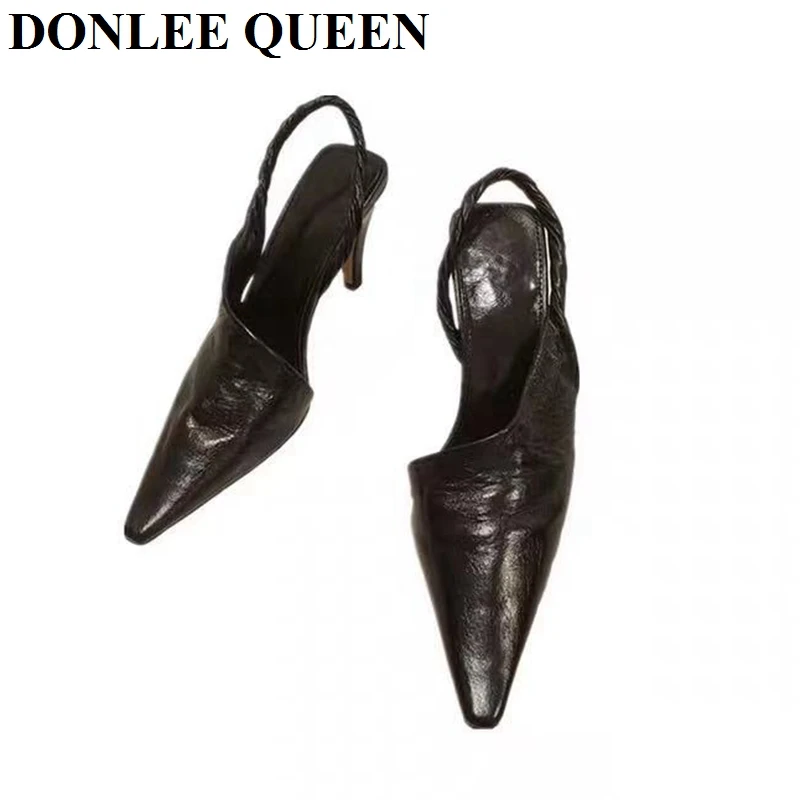 

2021 Fashion Spring Slingback Sandals Women Half Wrap Pointy Toe Designer High Heel Shoe Elegant Pleated Pumps Party Dress Mujer