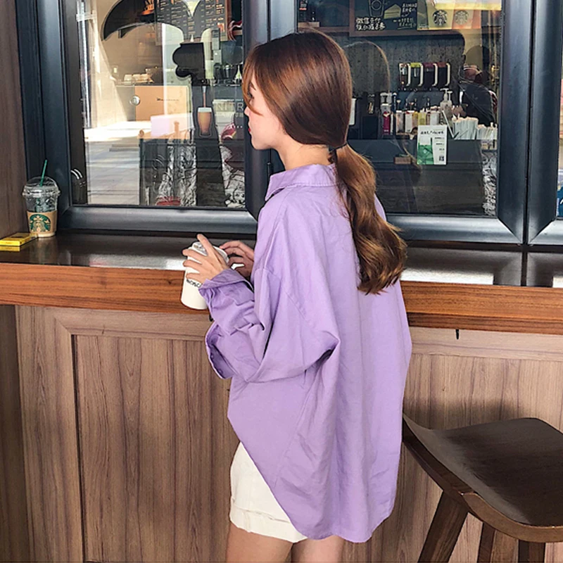 

Summer New Arrival Women Batwing Sleeve Oversize Purple Shirt Turn-down Collar Button Up Basic Chic Blouse Feminina Blusa