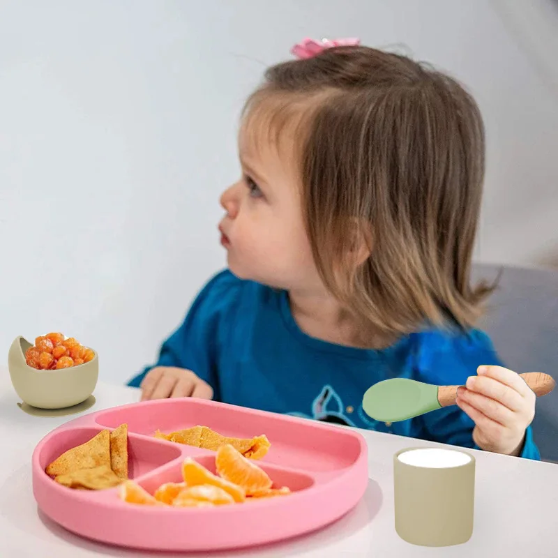 Vajilla de alimentaci&oacute;n de silicona de 5 piezas, juego de vajilla de succi&oacute;n, plato, cuencos, Platos Para Beb&eacute;, taza, cuchara, babero-2