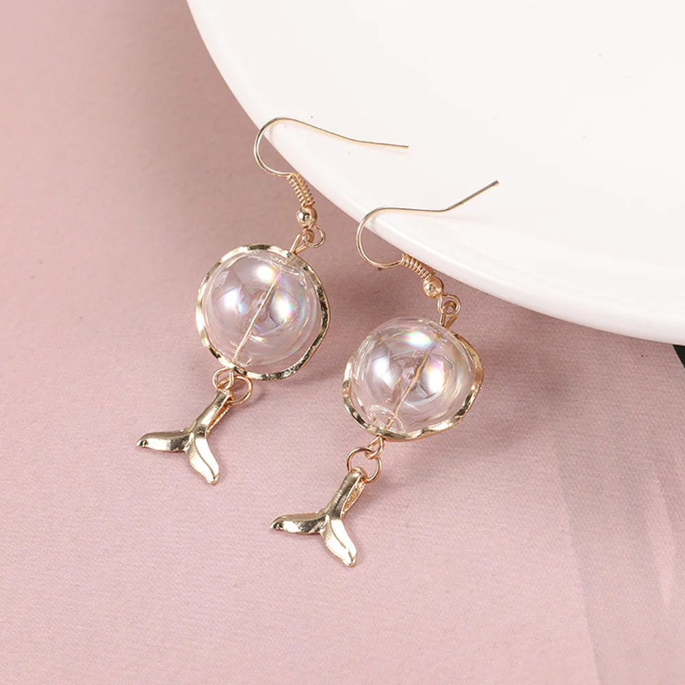 Сладкий корейский Русалка стеклянный шар Висячие Серьги Геометрические рыбий