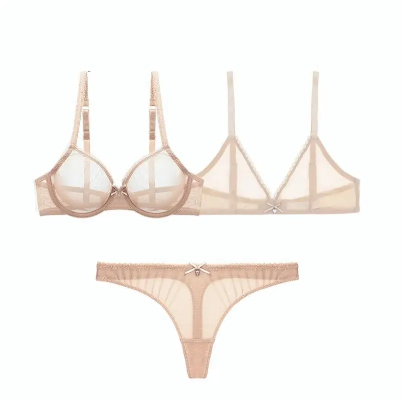 

Ningsige sexy new wire free 2 bras+thongs 3pcs yarn transparent unlined 32BC-38BCD bow bra set