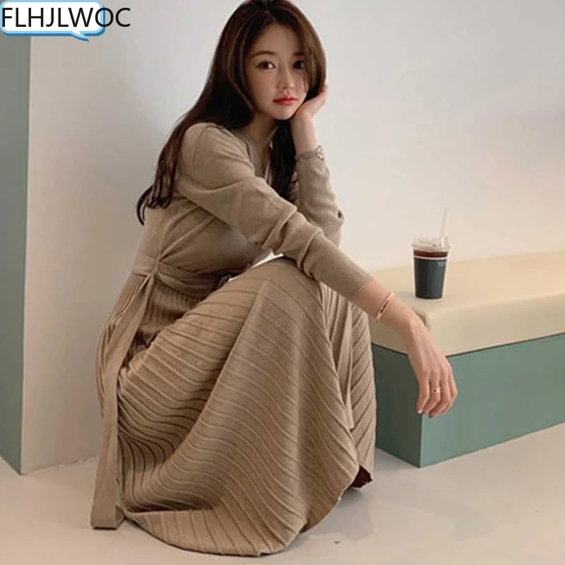 

Chic Korea Feminine Vestidos Hot Sales Women Fashion Elegant Lady Turtleneck Belt Knitted Sweater Shirt Dress