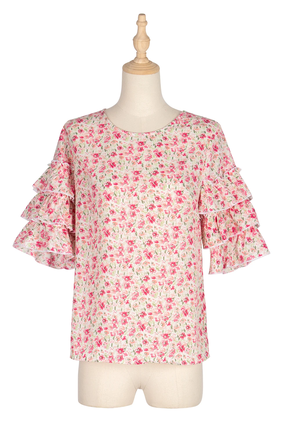 

Women casual floral pirnted boho tops flare sleeve loose pullovers O neck half sleeve autumn new vintage fashion pink blouse