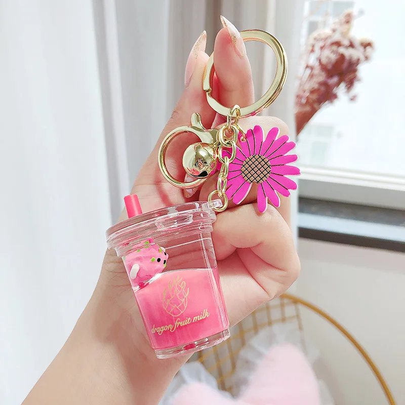 Floating Cute Watermelon Keyring Acrylic Bottle Keychain Moving Liquid Quicksand Fruit Key Ring for Women Bag Pendant Keyfob | Украшения и