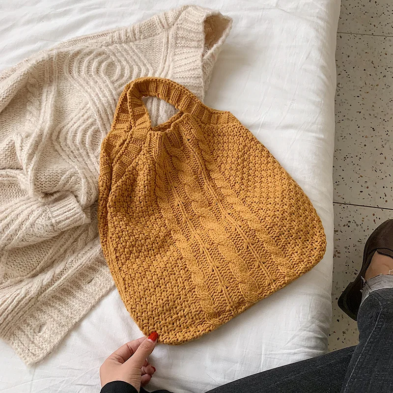 Bucket Women Bag 2019 New Japanese Wool Knitted Shoulder Bag Simple Casual Handbags Wool Woven Bags