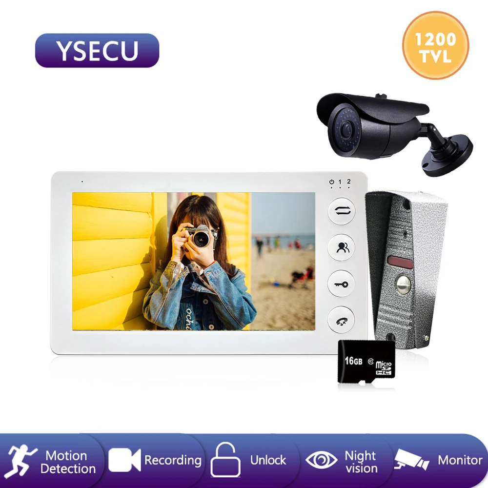 YSECU 7 дюймов 1200TVL видеодомофон с камерой видеонаблюдения запись движения для