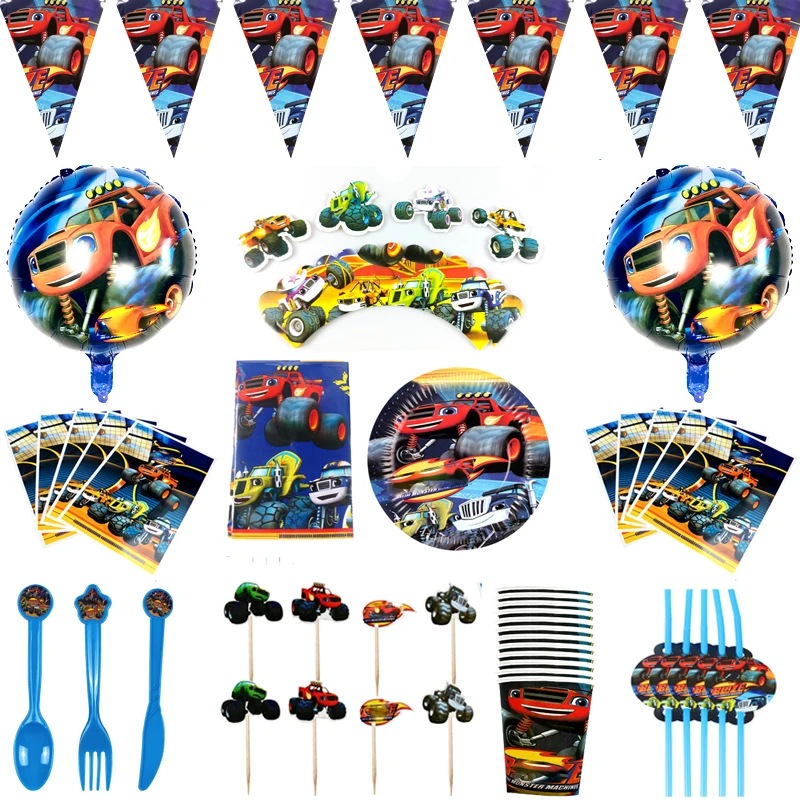 

122PCS Blaze Monster Machines Theme Cupcake Wrappers Decora Flags Cups Plates Banner Birthday Party Gifts Bags Tablecloth Straws