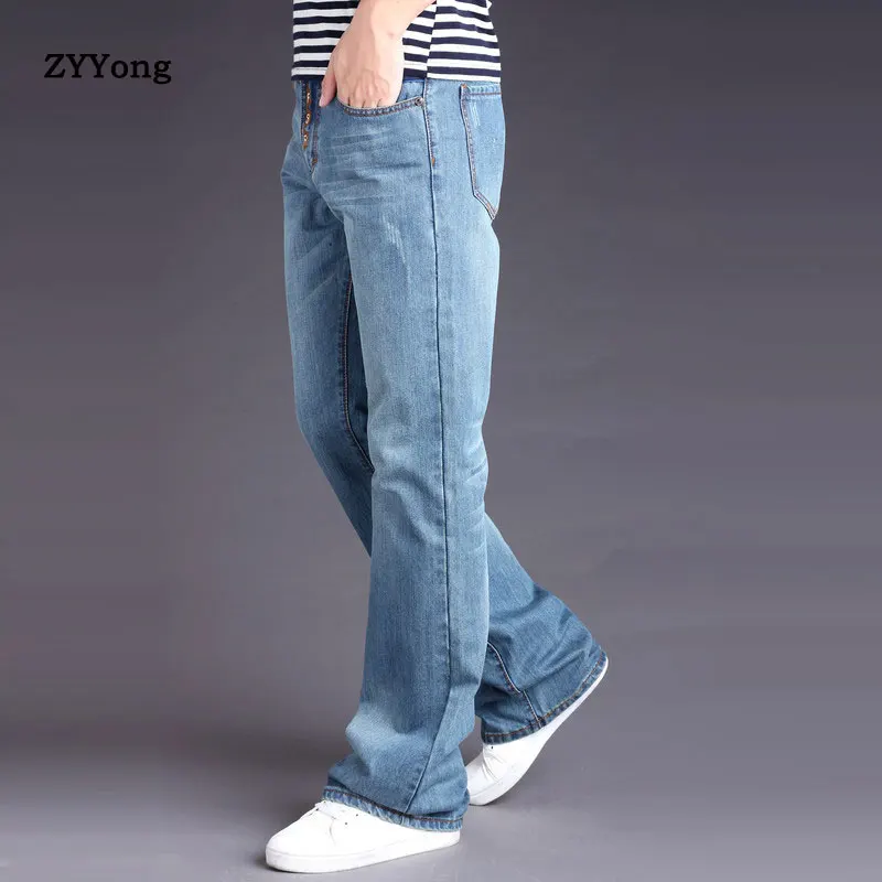2020 Mens Light Blue Flared Leg Jeans Trousers Mid Waist Long Flare Jeans For Men Boot Cut Blue Jeans Hommes Bell Bottom Jeans