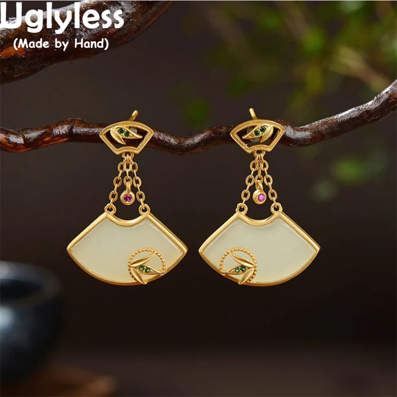 

Uglyless в этническом стиле сектор нефрита серьги-гвоздики для женщин натуральный драгоценный камень нефрит золотые серьги Brincos, можно носить с...