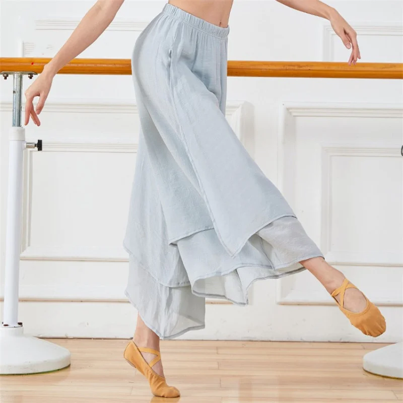 

Chinese Folk Dance Classical Dancing Pants Women Loose Wide Leg Trouser 2 Layers Fairy Tencel Dancewear Side Split Plus Size