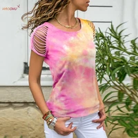 haoohu oversized t shirt crop top 2021 new hot sale tie dyed ripped burnt flower off shoulder short sleeve t shirt for women