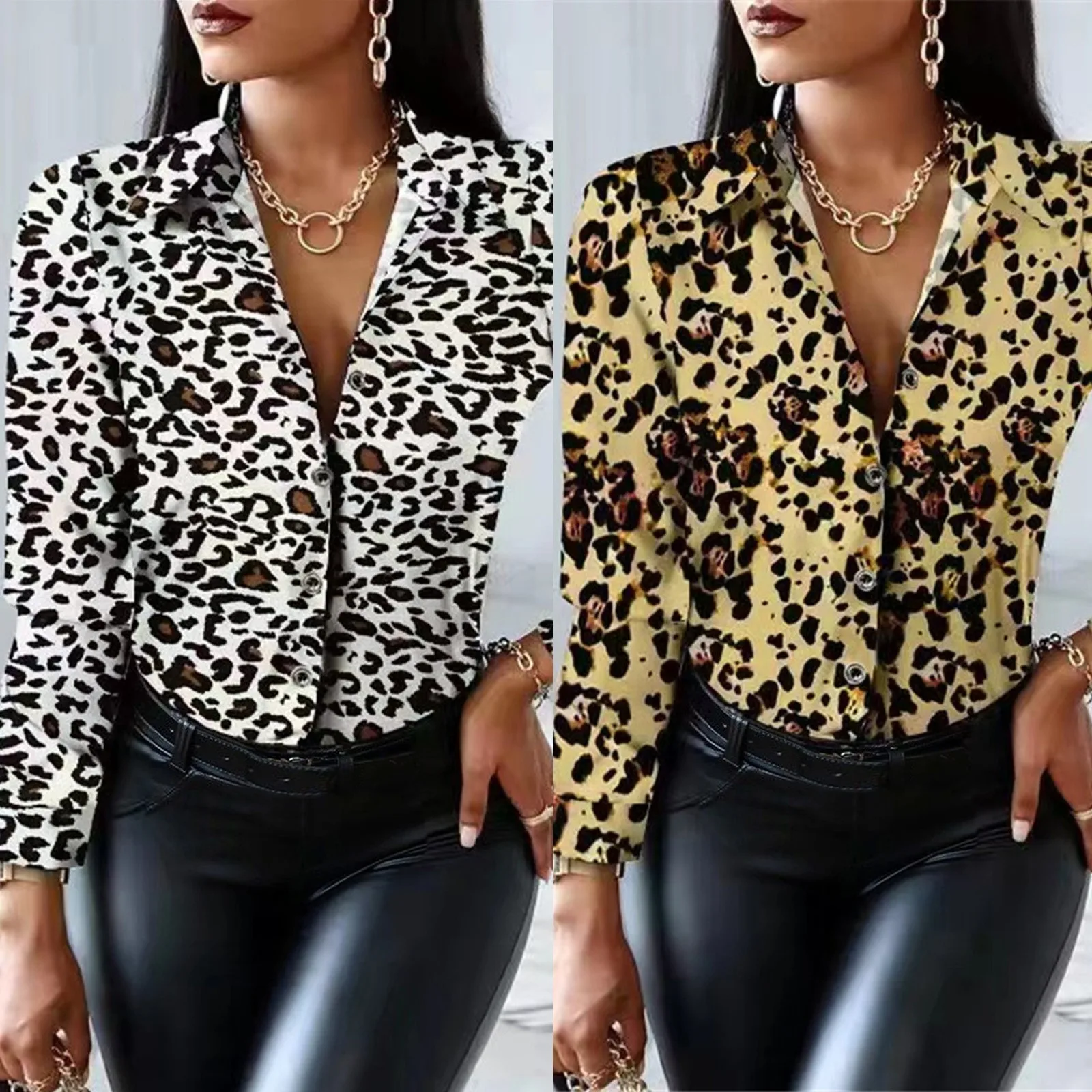 

Elegant Vintage Leopard Print Blouses Women's Casual Button Up Sexy Blouse Office Ladies Shirt Long Sleeve Tops Spring Clothing