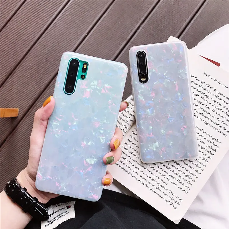 ELALA Glossy Marble Case For Samsung Galaxy Note 10 Plus Bling Conch Shell Epoxy Silicone Glitter Soft TPU Cover Pro |