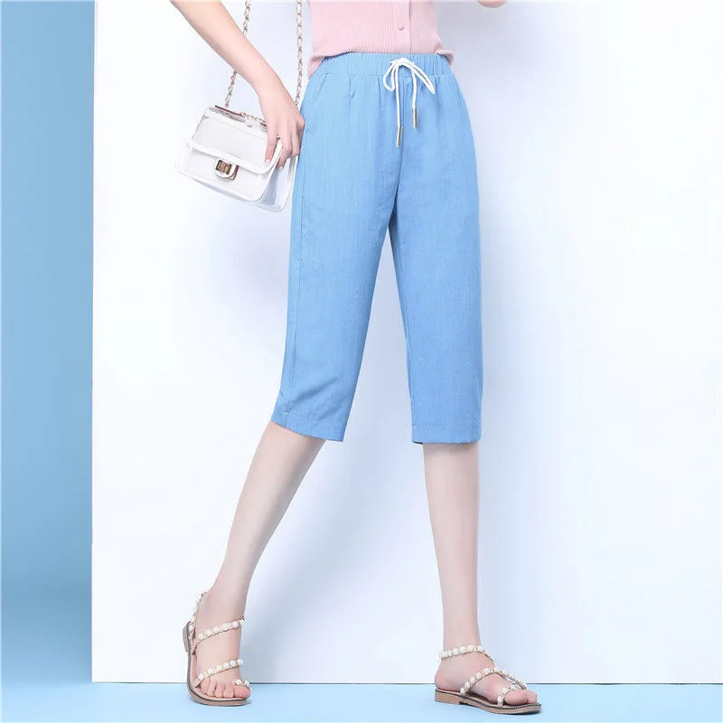 

Summer Ladies Casual Pants Women's Thin Ice Silk Loose Casual Tencel Imitation Jeans Calf-Length/Ankle-Length Trousers KZa06