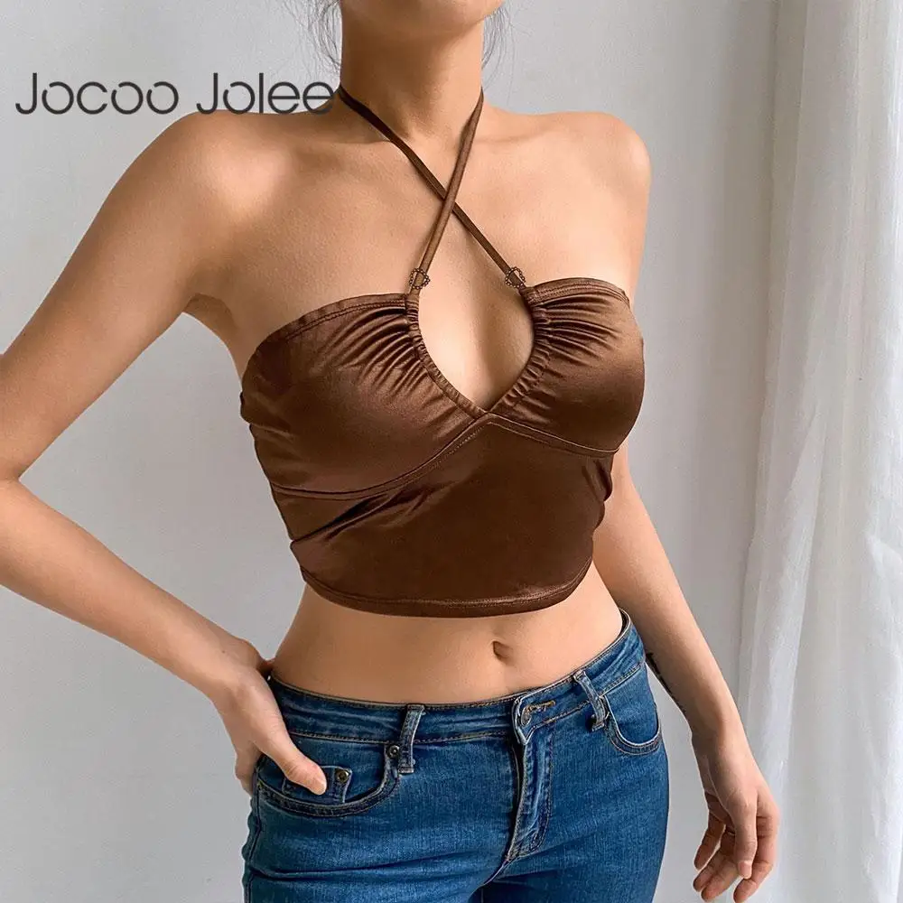 

Jocoo Jolee Women Summer Sexy Strappy Y2K Hollow Halter Crop Top Backless Tee Solid V-Neck Fitness Camisole Party Club