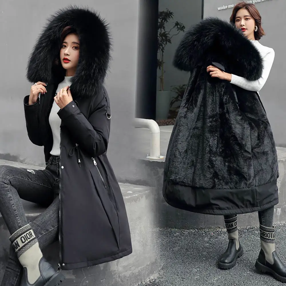 PinkyIsBlack Fashionable Solid Warm Thick Fleece Hooded Winter Jacket Women New Fur Liner Parkas Female Winter Long Coat Women