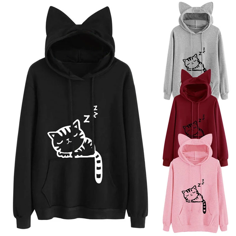Womens Blouse Cute Cat Print Long Sleeve Hoodie Sweatshirt sport Pullover female shirt ladies Tops Blouses Autumn and Winter | Женская