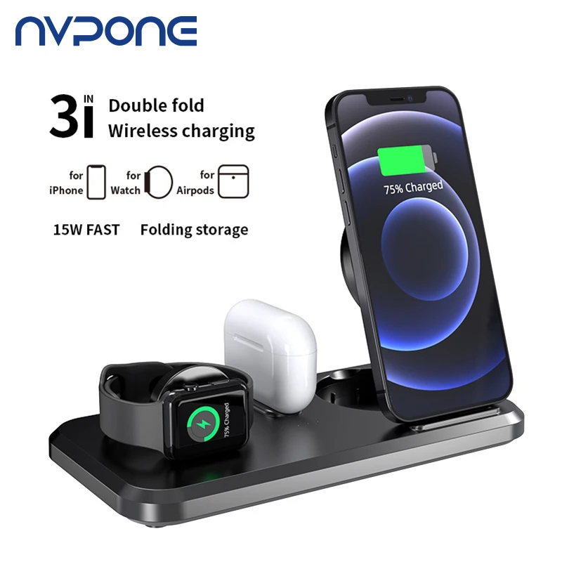 

Беспроводное зарядное устройство 3 в 1 Qi для iPhone 12, 11 Pro MAX, XR, Samsung AirPods, Apple Watch, 15 Вт, зарядная док-станция, складная подставка