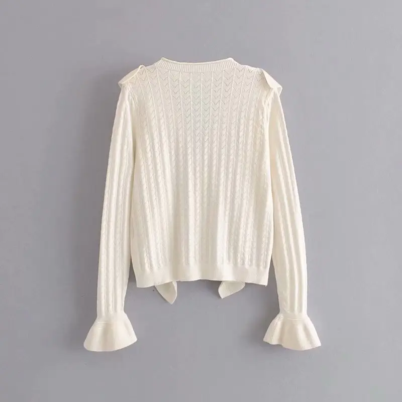

Elegant vintage french women's white sweaters black flare sleeve single breasted cardigans with ruffles v neck autumn sweater