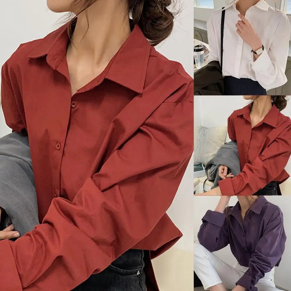 

Women Solid Color All-matched Buttons Shirt Cotton Turn Down Collar Shirt