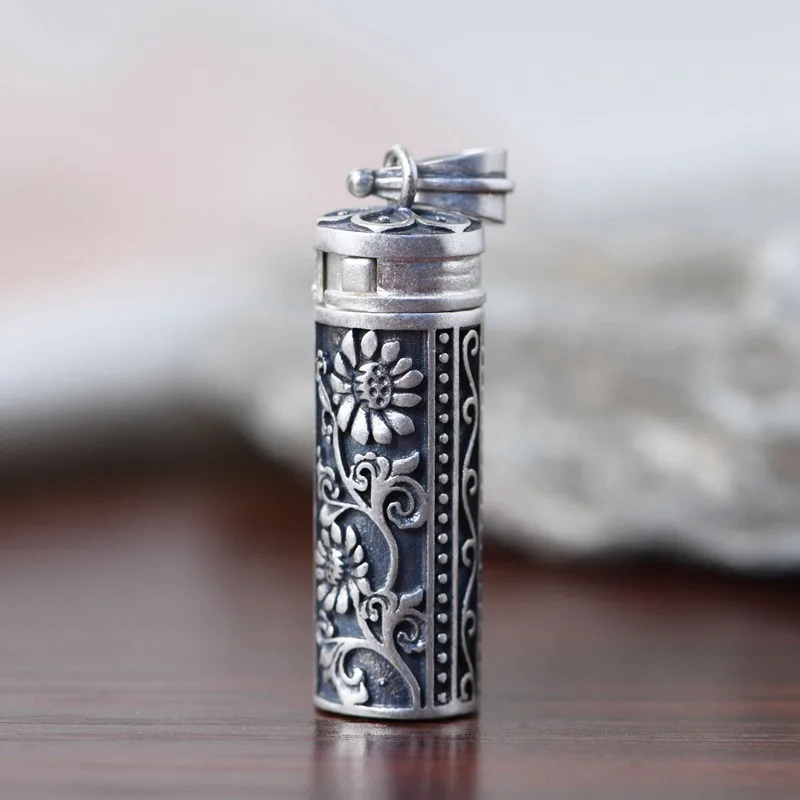 

925 Real Sterling Silver Vintage Ethnic Thai Silver Engraved Silver Gawu Box Necklace Pendant for Men Women Unique Jewelry