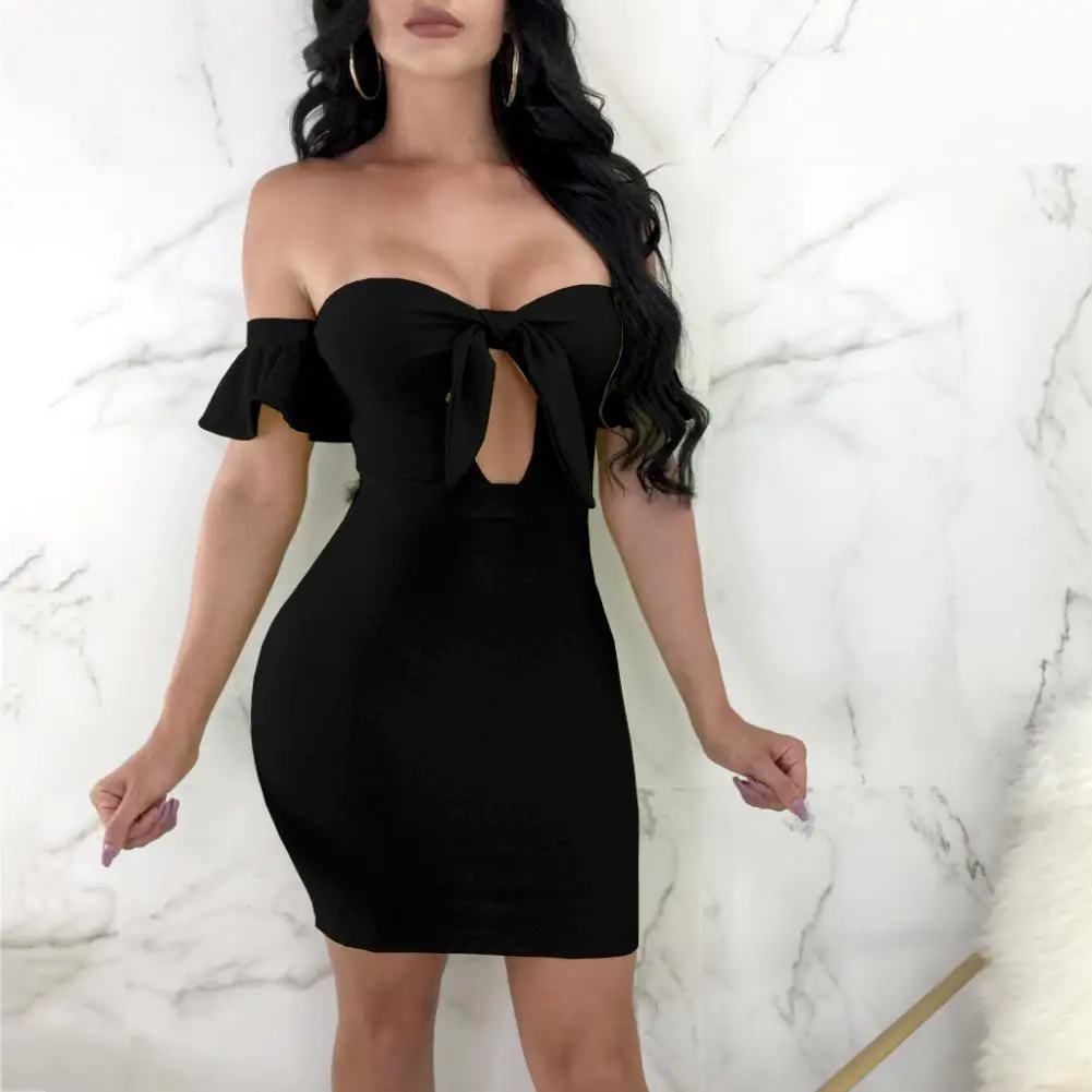 

Women Sexy Ruffled Hem Strapless Hollow out Chest Bandage Bodycon Mini Dress
