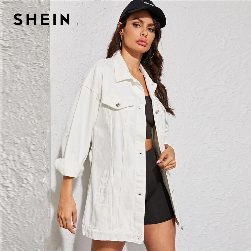 SHEIN белая выбеленная длинная джинсовая куртка с поясом Женская осенне-Весенняя верхняя одежда с воротником на пуговицах