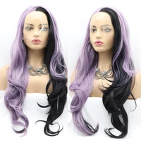 purple black highlight ombre color long curly body wave synthetic lace front wigs side part for women lolita cosplay frontal wig